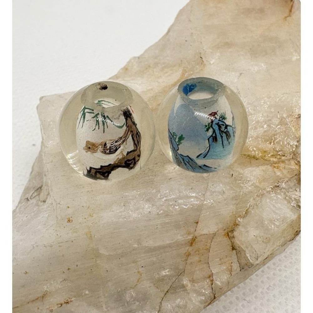 Lot Of 2 Reverse Painted Glass Beads Inside Painted Chinese Landscape Art Bird